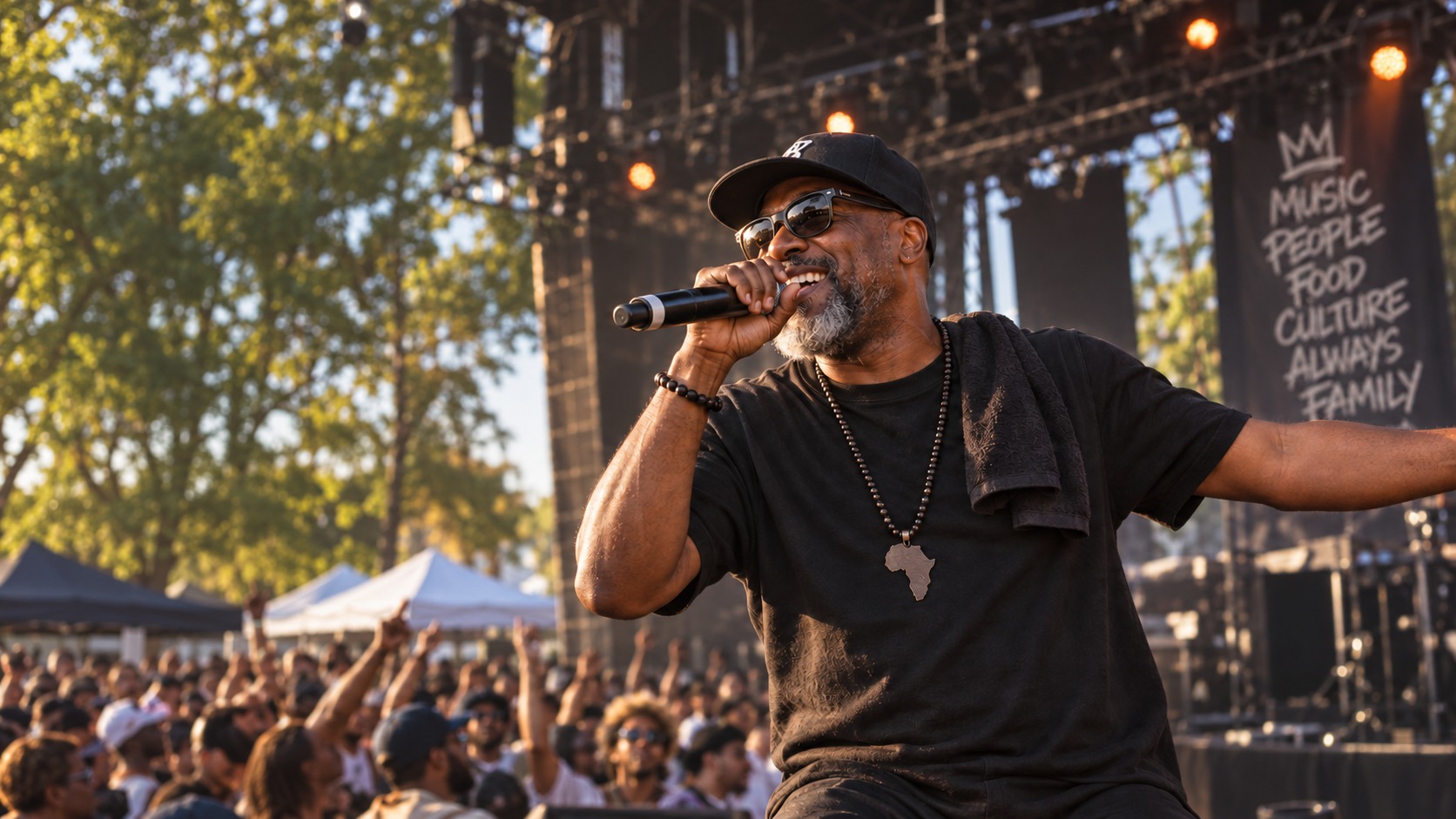 Performer on the mic at Beats & Bars BBQ, crowd in front of the stage