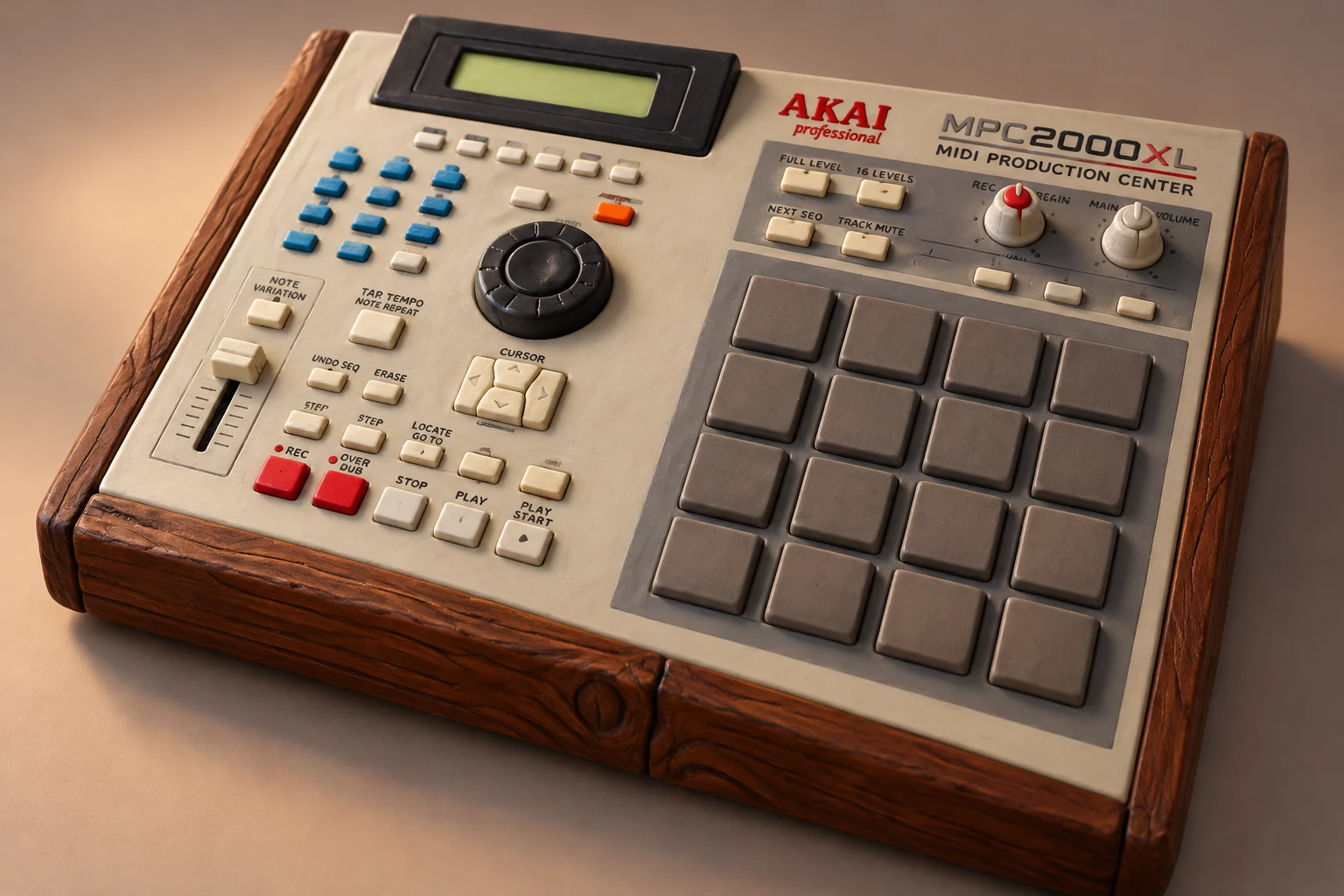 A vintage-style Akai MPC2000XL drum machine with wooden side panels and sixteen pads; the pads light up in a looping beat.
