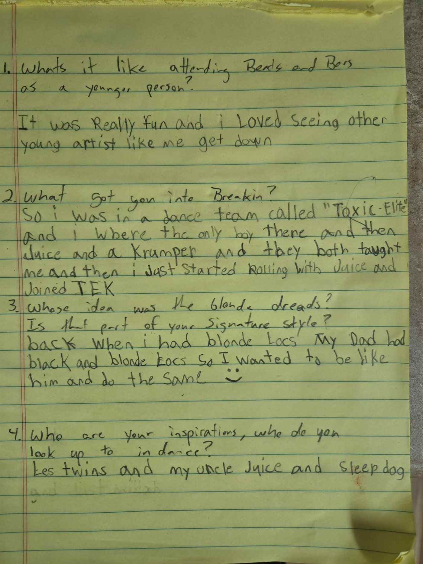 RAW9&rsquo;s handwritten interview answers on a yellow legal pad