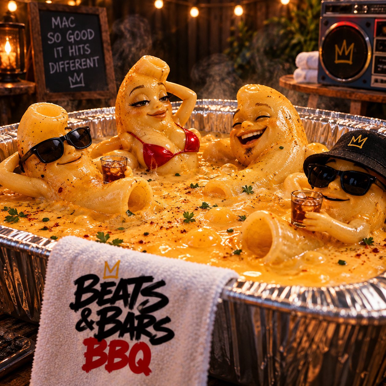 Macaroni noodles in sunglasses, a bikini and a bucket hat lounge with drinks in a hot tub of cheese sauce inside a foil pan. A boombox and a chalkboard reading “Mac so good it hits different” sit behind them.