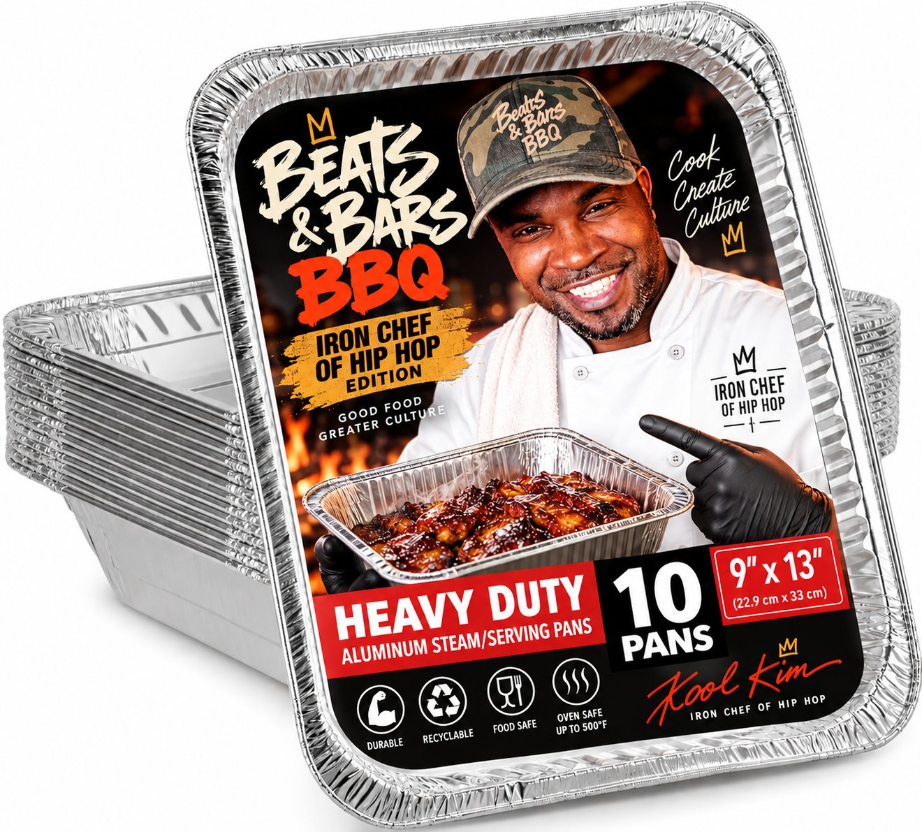 A stack of heavy duty aluminum pans in Beats & Bars BBQ Iron Chef of Hip Hop Edition packaging; the label shows Kool Kim in a chef&rsquo;s coat holding a pan of glazed barbecue.