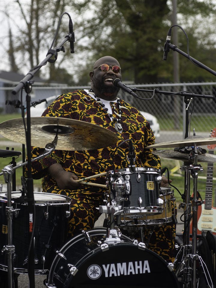 The drummer behind a Yamaha kit, 2023.