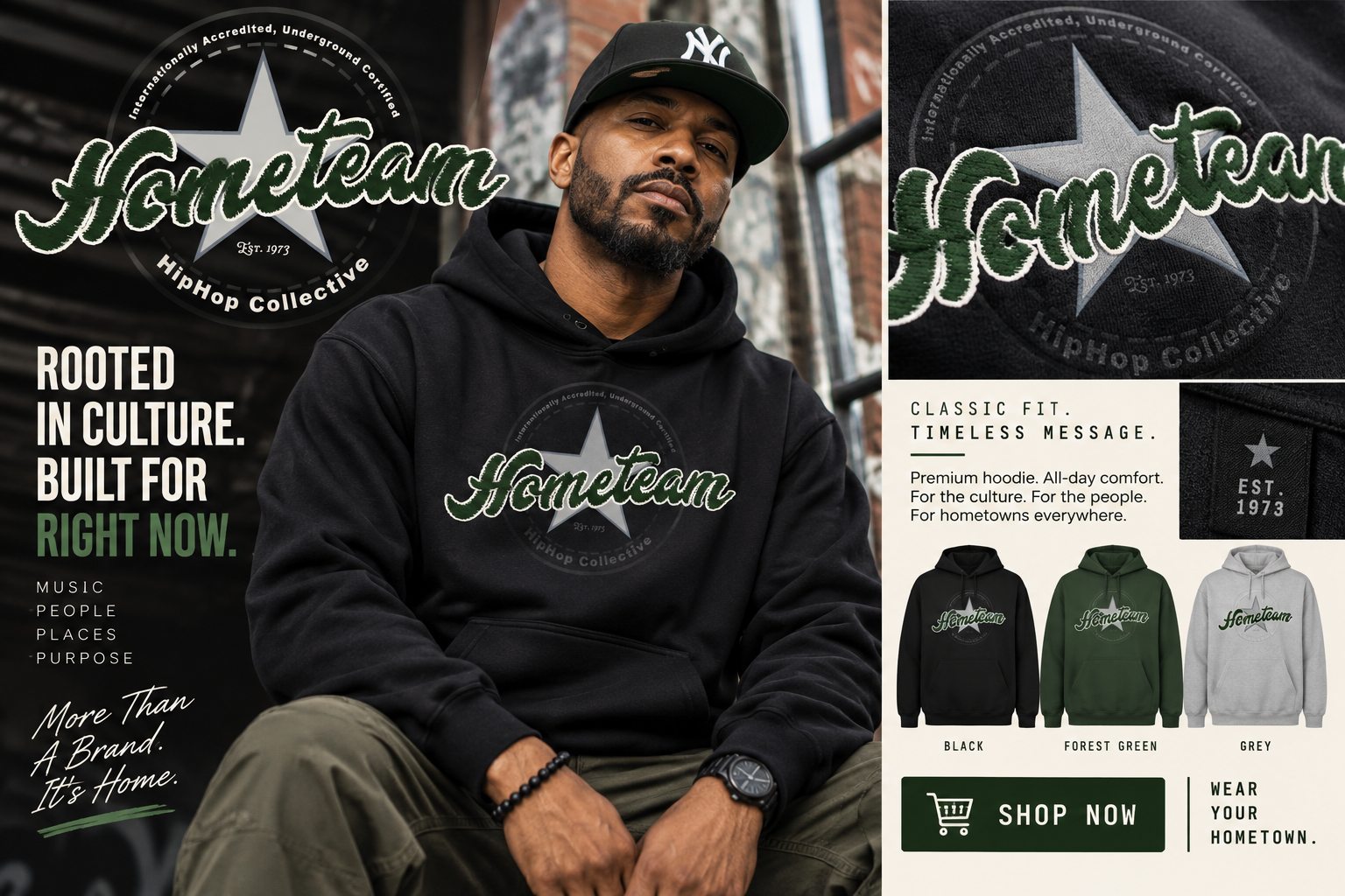 Hometeam HipHop Collective hoodie ad: Rooted in culture. Built for right now. Shown in black, forest green and grey.
