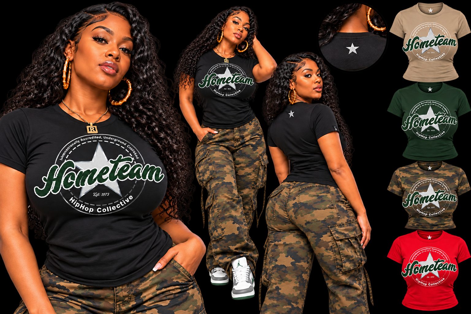 Hometeam ladies&rsquo; tee collage: front, back and colorways