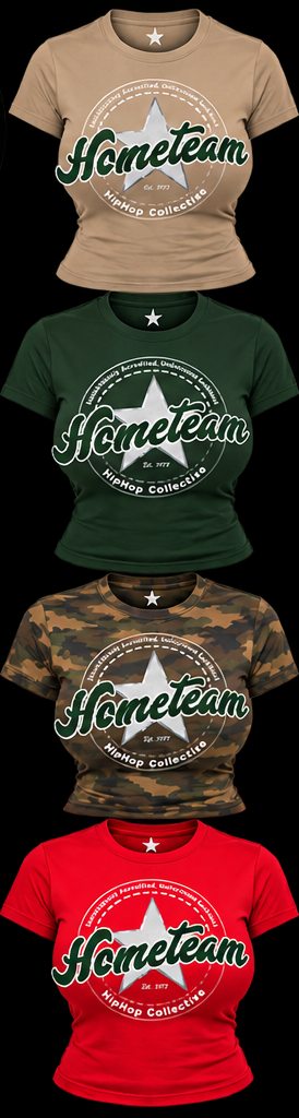 Hometeam Ladies&rsquo; Tee colorways shown in the mockup: tan, forest green, camo and red
