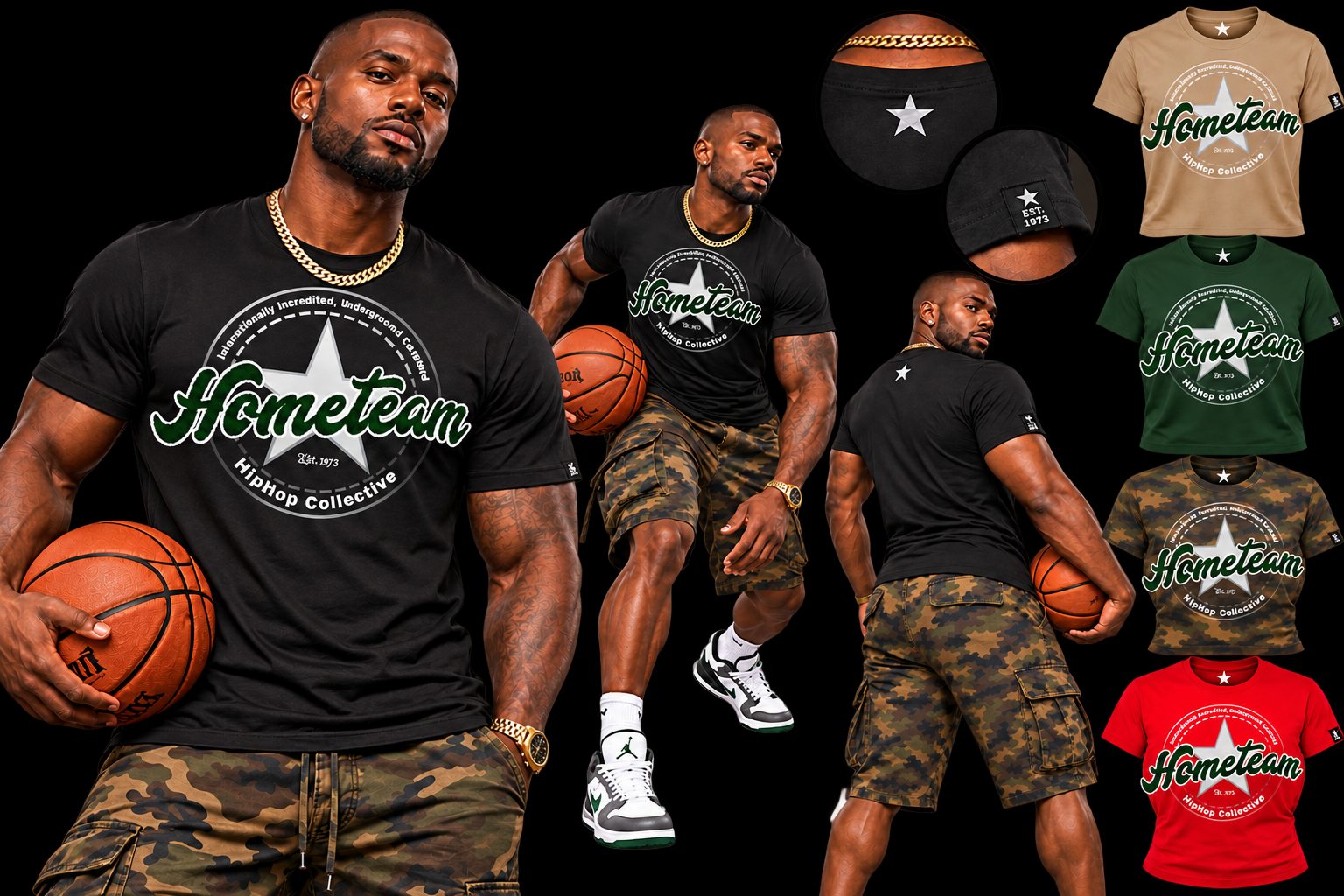 Hometeam men&rsquo;s tee collage: front, back, details and colorways