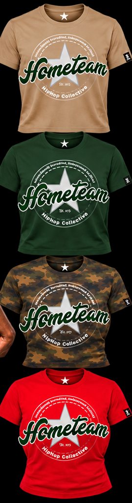 Hometeam Men&rsquo;s Tee colorways shown in the mockup: tan, forest green, camo and red