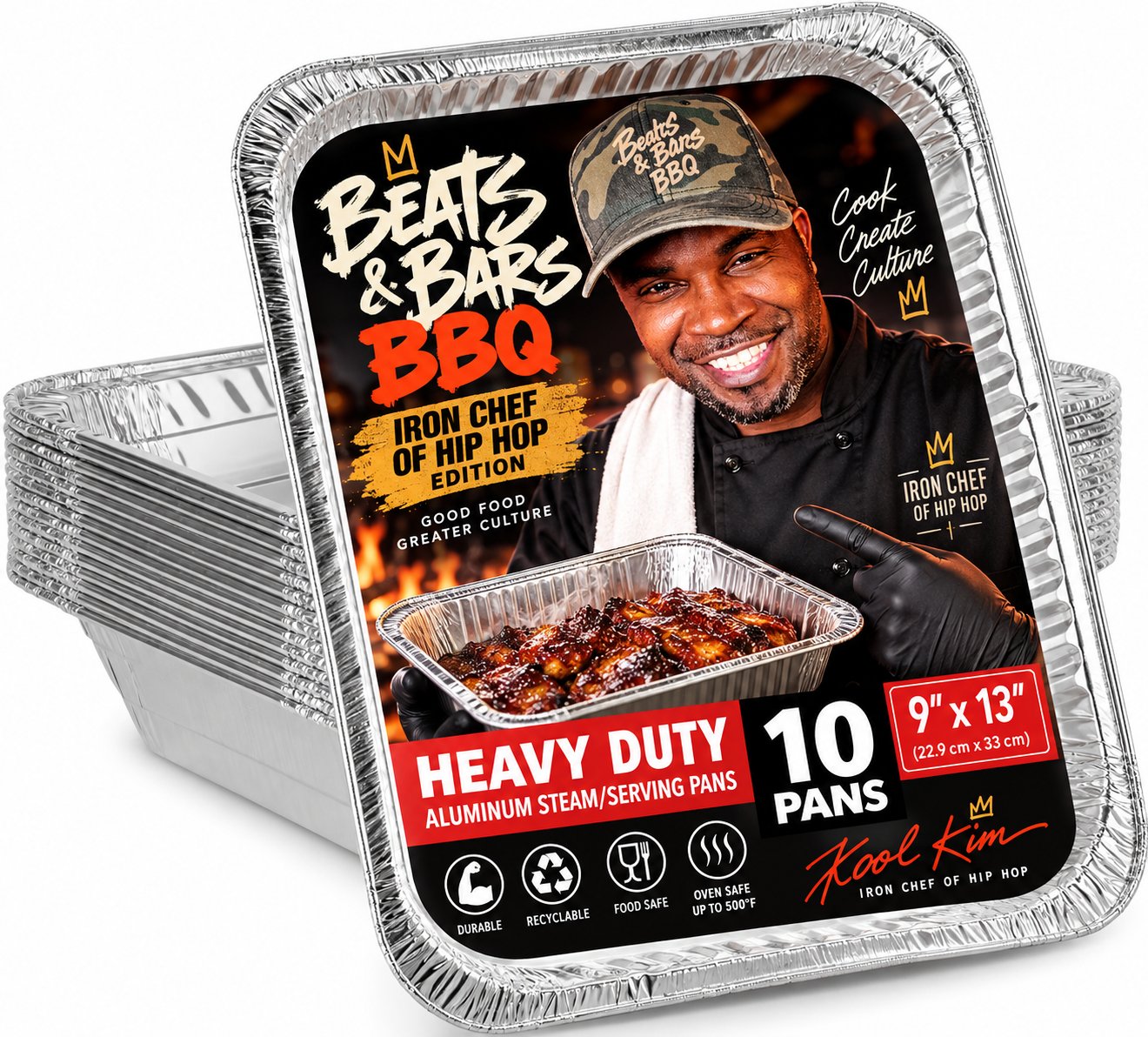 A stack of Beats & Bars BBQ Iron Chef of Hip Hop Edition heavy duty aluminum pans in their packaging