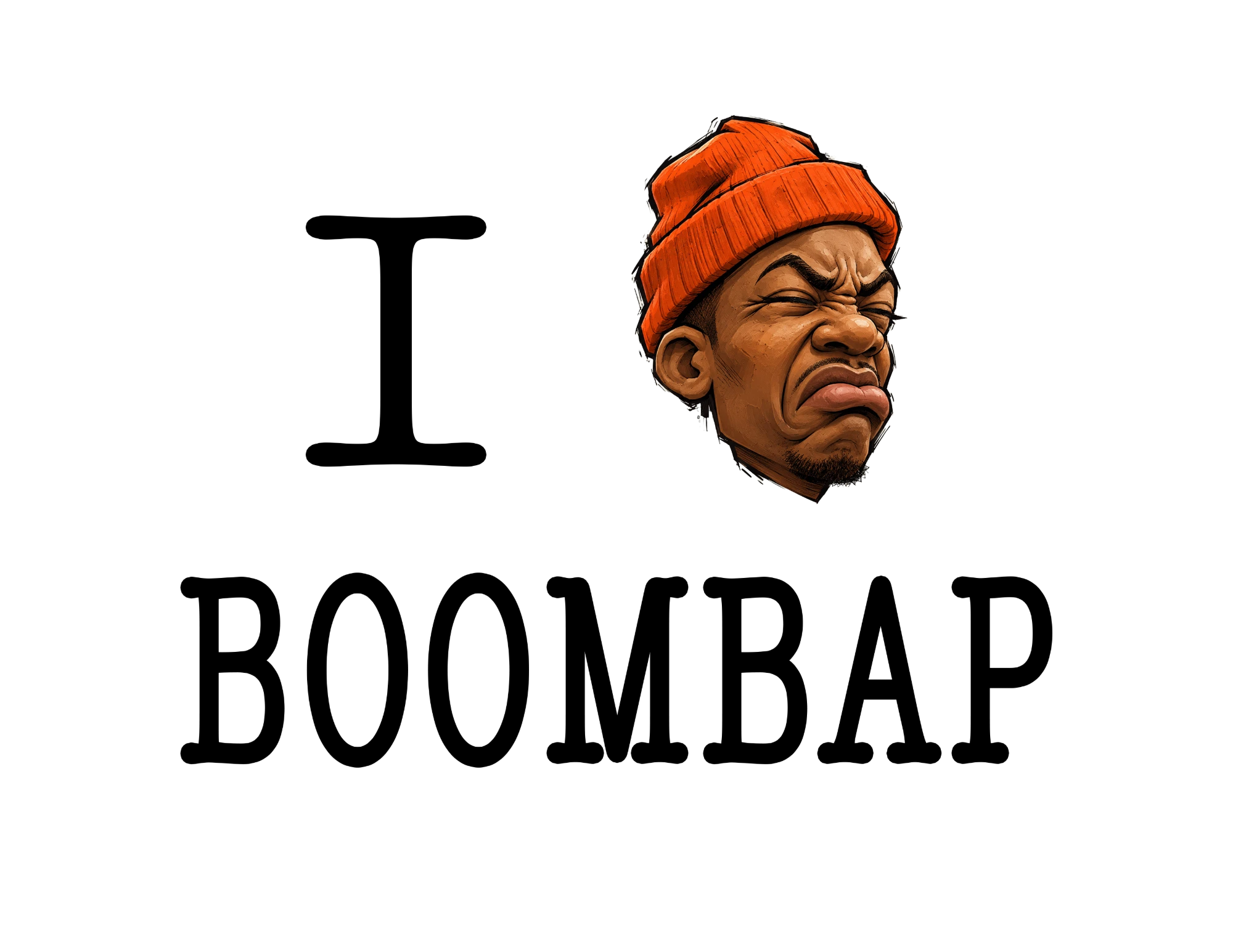 The Ugly Face tee design: the letter I, a cartoon face in an orange beanie scrunched in disgust, and the word BOOMBAP