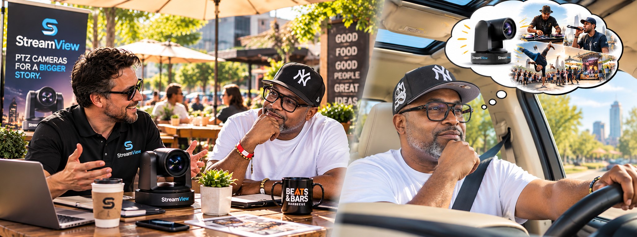 Two men talk over a laptop and a StreamView camera at an outdoor café table, a StreamView banner behind them. On the right, one of them drives, picturing the camera and festival scenes in a thought bubble.