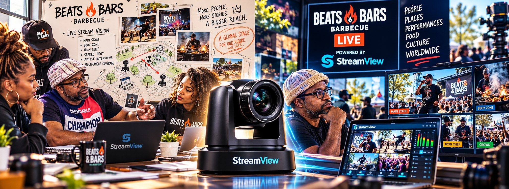A team gathers around a whiteboard titled Live Stream Vision, with a StreamView camera in front. On the right, screens show a Beats & Bars Barbecue Live broadcast, powered by StreamView, with several camera feeds.