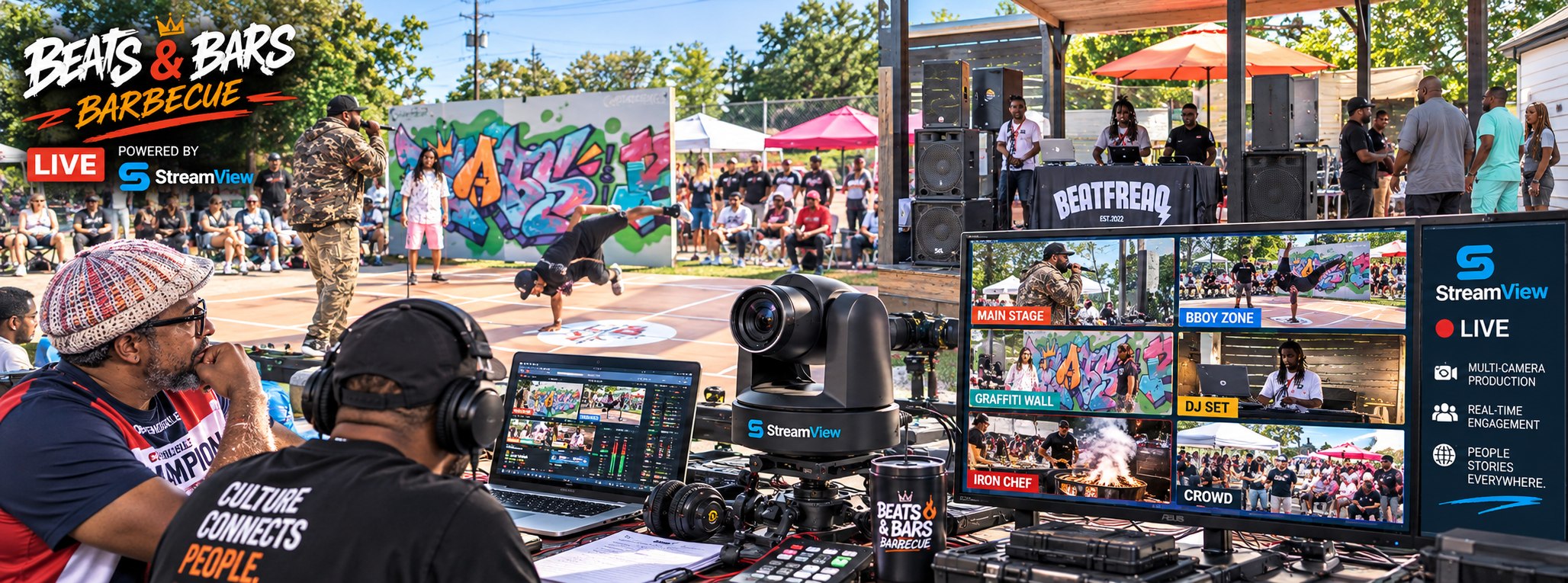 A Beats & Bars Barbecue Live production: a crowd watching a stage and a b-boy performance, camera operators at laptops, and a monitor wall showing the main stage, b-boy zone, graffiti wall, DJ set, Iron Chef and crowd.