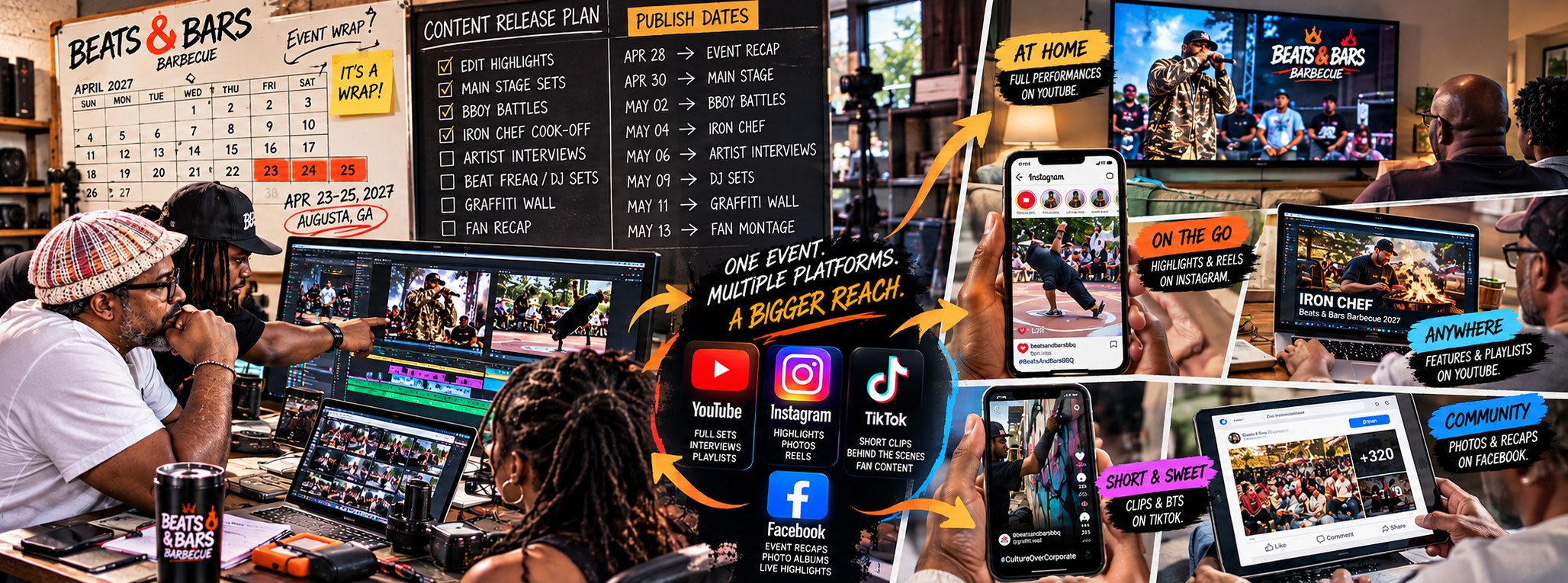 A content release plan: a wall calendar for April 2027, a chalkboard schedule of highlights, and screens and phones showing YouTube, Instagram, TikTok and Facebook posts, with the words One event. Multiple platforms. A bigger reach.