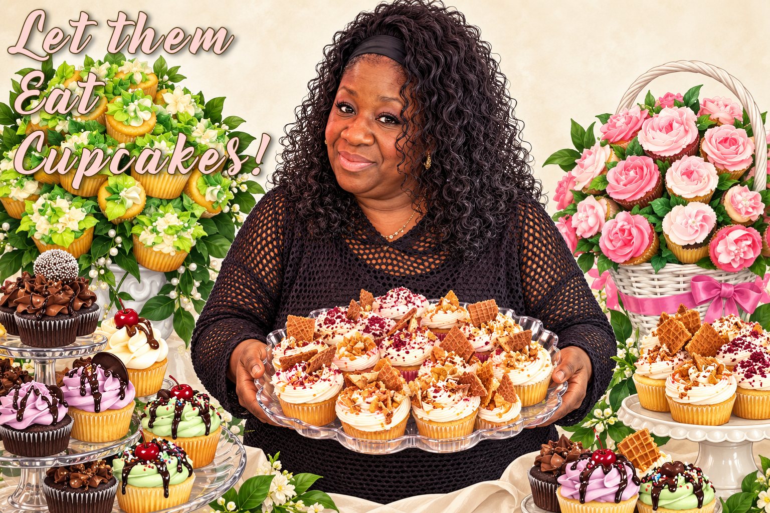 Illustration of Tara Edwards surrounded by her Let Them Eat Cupcakes creations.