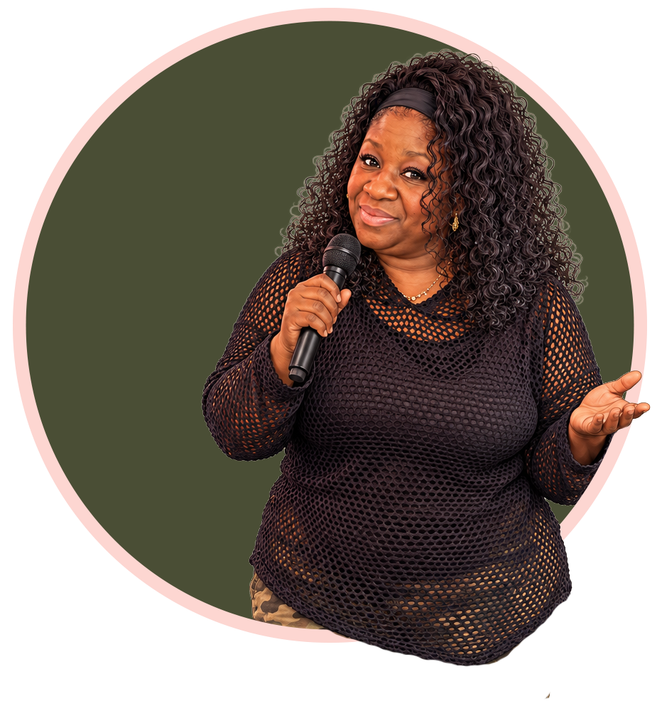 Illustration of Tara Edwards holding a microphone and gesturing.