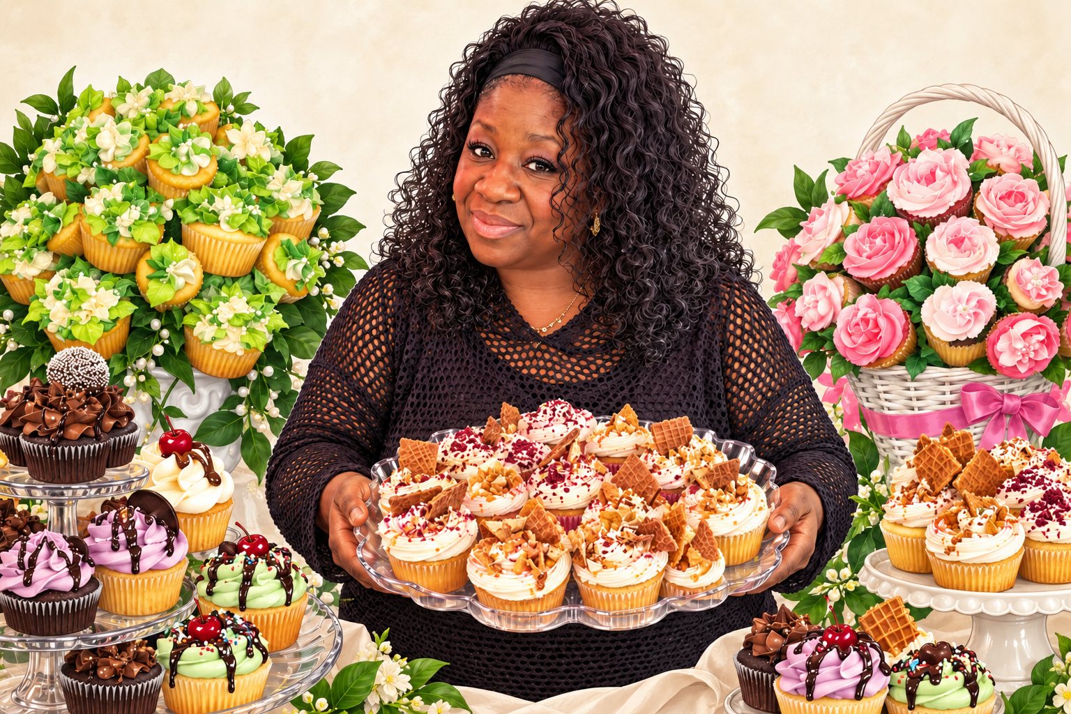 Illustration of Tara Edwards holding a tray of her Let Them Eat Cupcakes creations