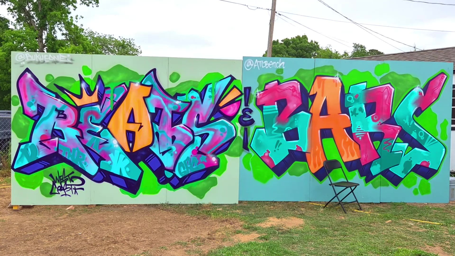 The finished Beats & Bars graffiti wall: two panels of wildstyle letters in teal, magenta, orange and purple over lime-green clouds.